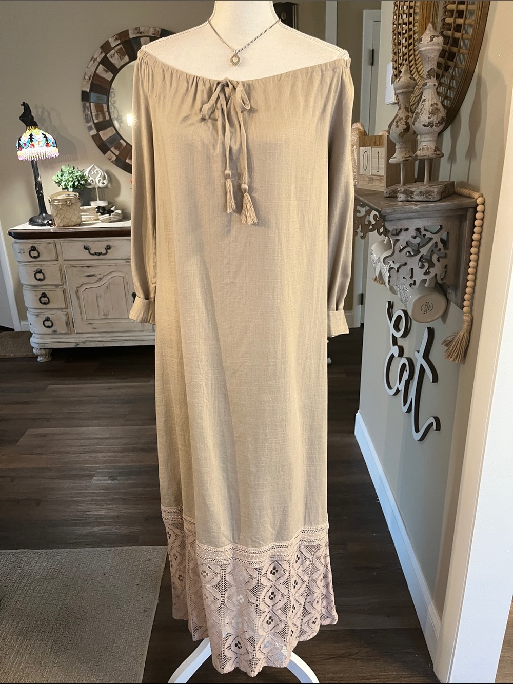Promesa Beige Maxi Dress with Crochet Hem